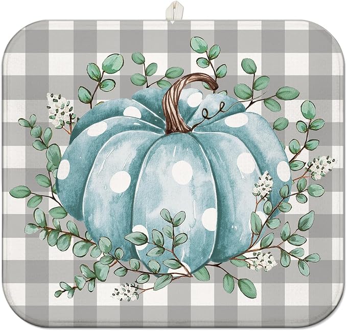 Fall Dish Drying Mat for Kitchen Counter, Buffalo Plaid Blue Pumpkin Pattern by Unknown
