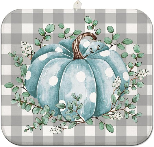 Fall Dish Drying Mat for Kitchen Counter, Buffalo Plaid Blue Pumpkin Pattern by Unknown