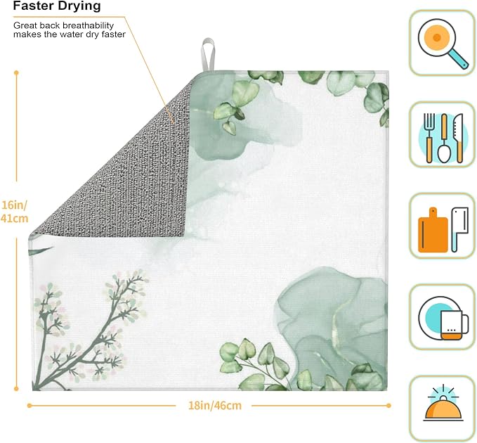 Watercolor Green Leaf Floral Dish Drying Mat - Image 2