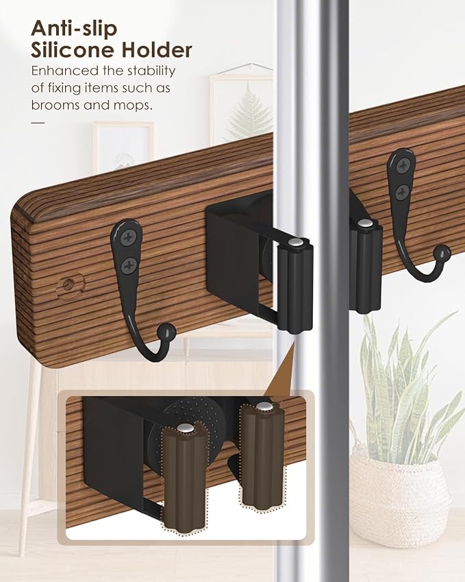 Broom Holder Wall Mounted, 4 Holders and 4 Hooks Mop Holder, Wooden Mop and - Image 3