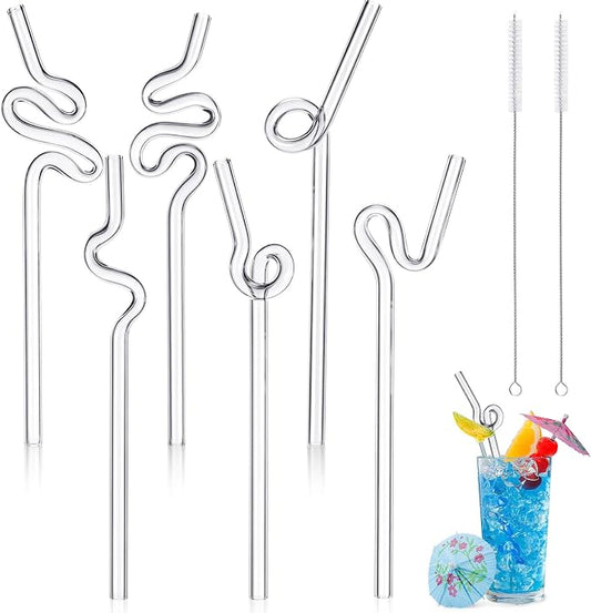 Yinkin 6 Pcs Wavy Glass Straw Reusable Curved Silly Glass Straws Shatter by Yinkin