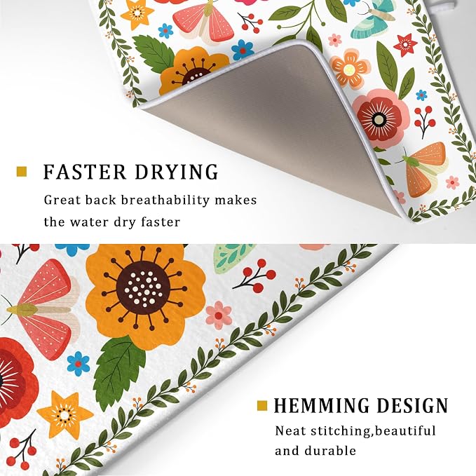 Colorful Boho Floral Dish Drying Mat 18x24 Inch Dishes Dry Pad Drainer Rack - Image 3