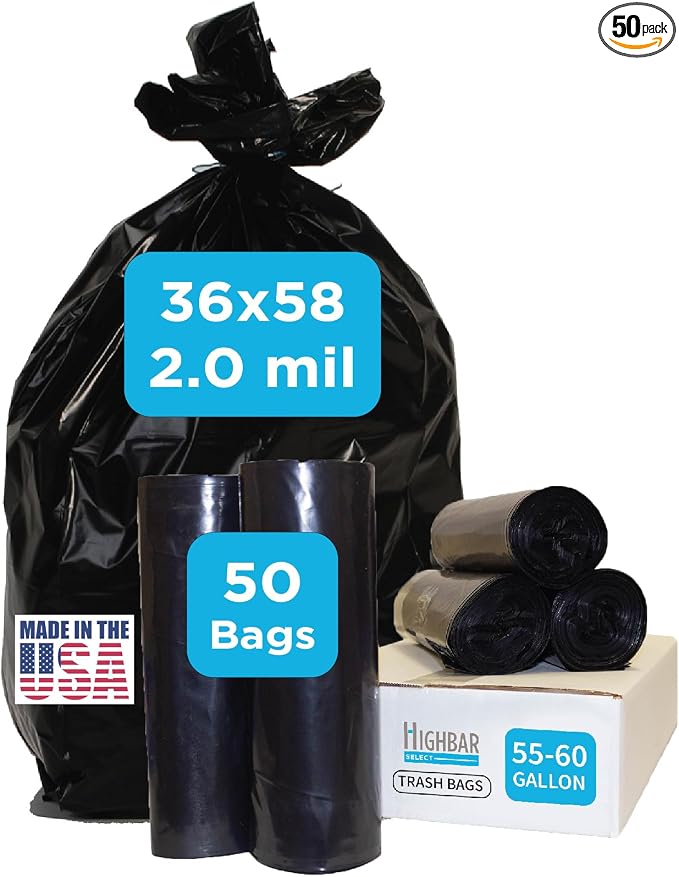 Industrial Grade 50 Count Black Trash Bags, 55-60 Gallon, 2.0 Mil, 36 x 58 by HighBarTrashLiners