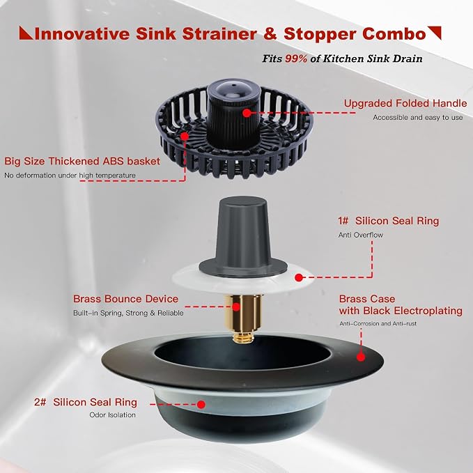 Kitchen Sink Drain Strainer 3 in 1, 304 Stainless Steel Pop Up Sink Stopper - Image 8