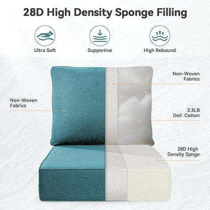 Luxury 6" Outdoor Cushions for Patio Furniture, 24x24x6" Thick Seat Cushion Set of 2, Fade Resistant Couch Chair Replacement Cushions High Density Deep Wicker Chair Cushion w/ Removable Cover, Green