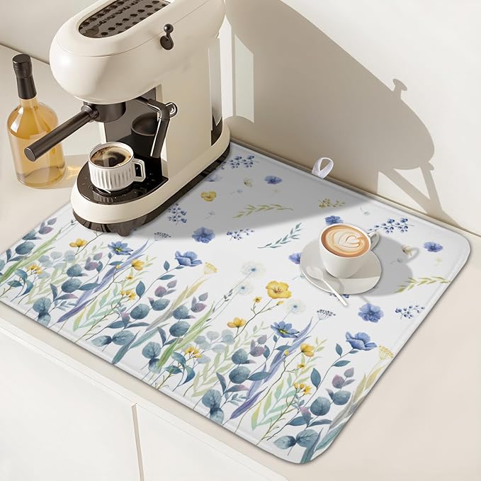 Floral Dish Drying Mat for Kitchen Counter 18x16 Inch Yellow Purple Flower - Image 6