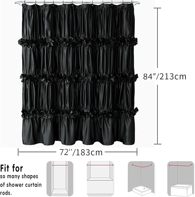 Black Ruffle Shower Curtain, Vintage Handcrafted Bow Tie Bath Curtain - Image 6