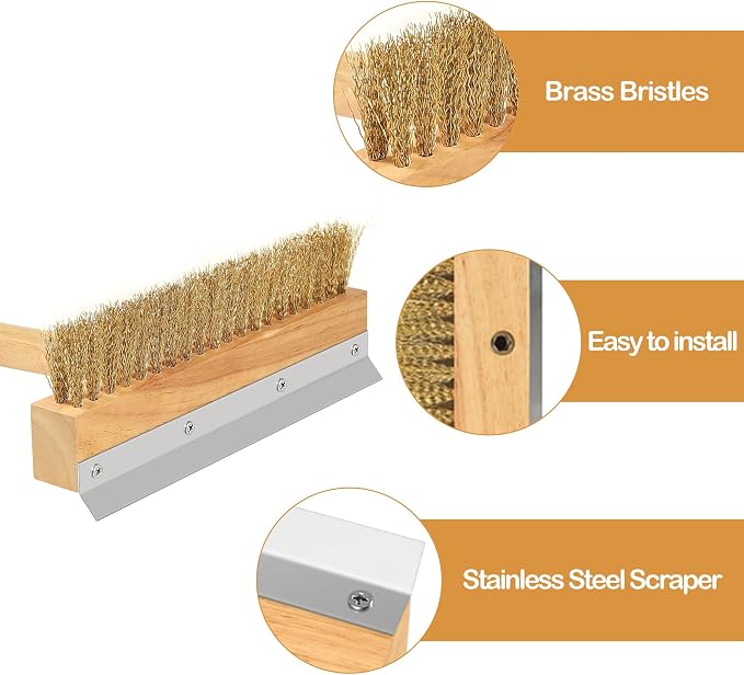 LRUI Pizza Oven Brush with Scraper, 41-Inch Long Wood Handle Brass Bristles - Image 3