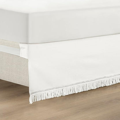 Lush Decor Boho Fringe 15-Inch Tailored Drop Easy Fit Bedskirt, Queen, Pure White