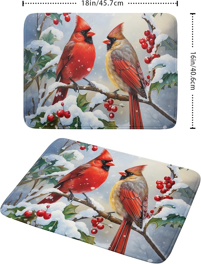 Winter Cardinal Birds Dish Drying Mat, Holly Berry Branches Dish Drying Mat - Image 2