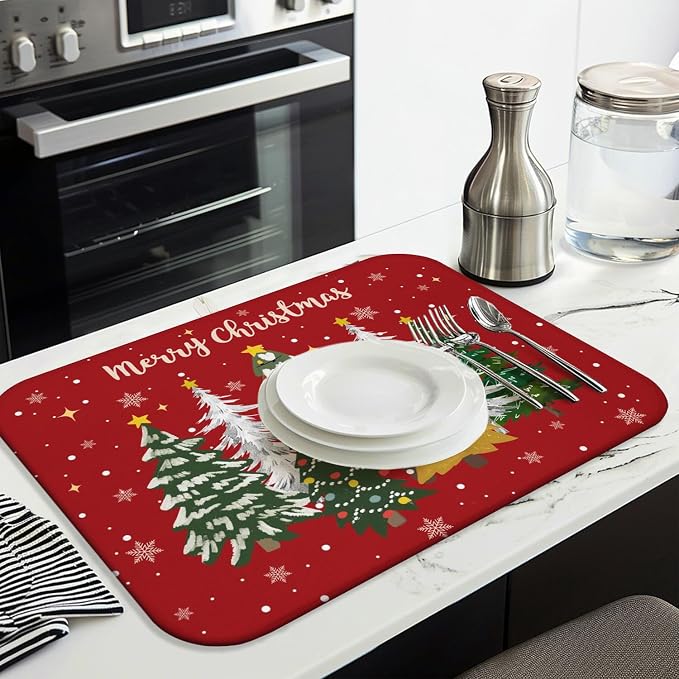 Christmas Kitchen Countertop Dish Drying Mat, Washable Absorbent Countertop - Image 3