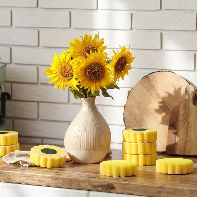 Tioncy 12 Pack Sunflower Kitchen Sponges Bulk Dual Sided Scrubber Yellow - Image 5