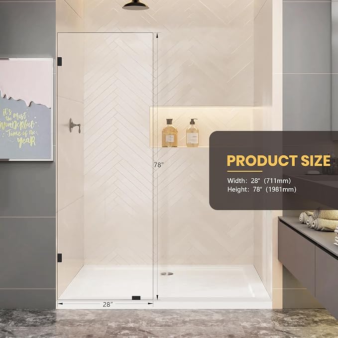 28" W x 78" H Frameless Shower Glass Panel, Single Fixed Shower Panel Screen - Image 3