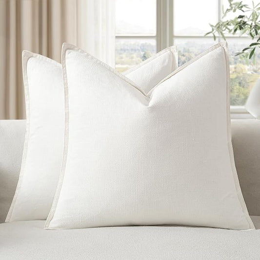 EMEMA Decorative Linen Throw Pillow Covers 24x24 Inch Cream Boho Farmhouse Neutral Couch Throw Pillows for Bed Pack of 2 Accent Pillowcase Modern Sofa Cushion Livingroom Home
