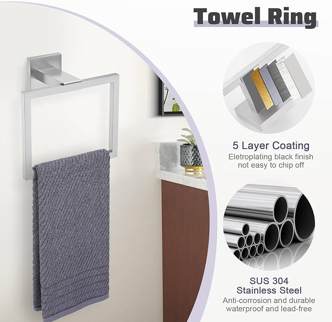 TNOMS Brushed Nickel Towel Bar Set, 5-Piece Bathroom Hardware Set Includes - Image 4