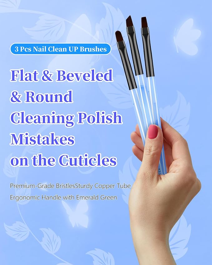 3PCS Nail Art Clean Up Brushes, Round/Angled/flat Acetone Resistant Gel Nail - Image 2