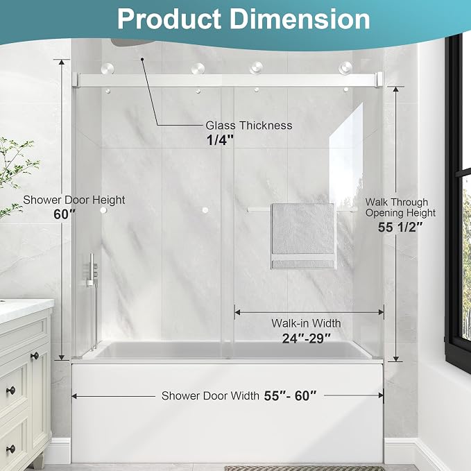 KPUY Frameless Tub Shower Door, 55-60" W x 60" H Double Sliding Bathtub Door - Image 4