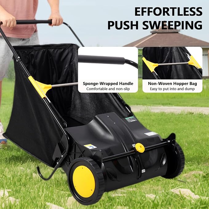 21" Hand-Push Lawn Sweeper | 4 Heavy-Duty Brushes & Wheels, Adjustable Height - Image 4