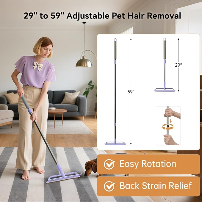 Carpet Rake for Pet Hair Removal, 59” Adjustable Long Handle Carpet Scraper for - Image 5