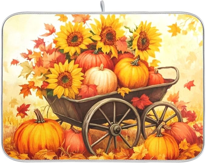 Pumpkin Sunflower Autumn Thanksgiving Dish Drying Mat by BOENLE-WELCOMEYOURCOMING
