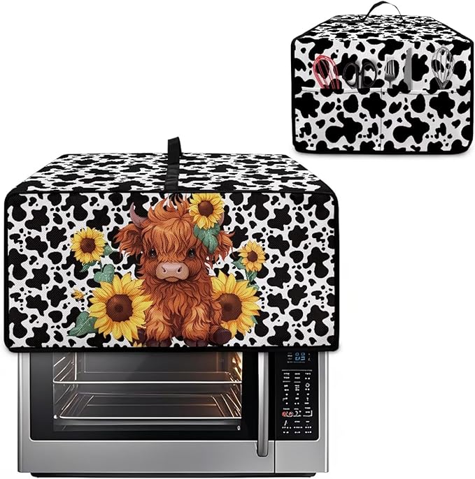 Microwave Oven Cover with Storage Pockets Waterproof Toaster Oven Dust Cover Universal Kitchen Appliance Protector, Cartoon Highland Cattle Sunflower Cow Print, S