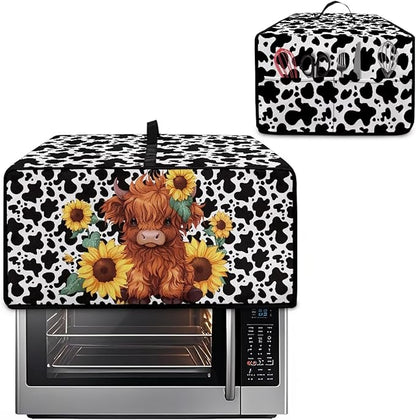 Microwave Oven Cover with Storage Pockets Waterproof Toaster Oven Dust Cover Universal Kitchen Appliance Protector, Cartoon Highland Cattle Sunflower Cow Print, S