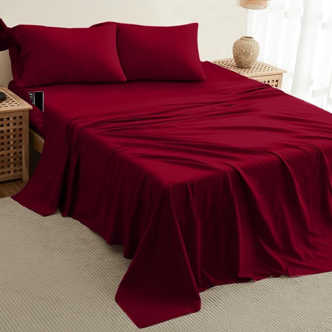 DREAMCARE California King Sheet Sets - Cooling Bed Sheets - 4pcs Set - up to 15" Deep Pocket Cal King Sheets - California King Sheets - Soft & Lasting 100% Brushed Polyester with Side Pocket -Burgundy