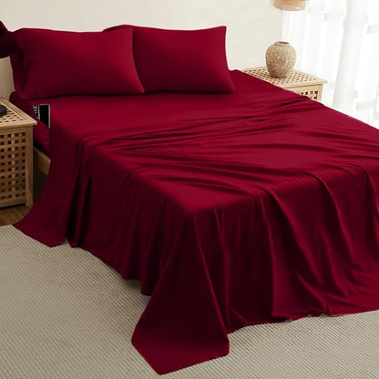 DREAMCARE California King Sheet Sets - Cooling Bed Sheets - 4pcs Set - up to 15" Deep Pocket Cal King Sheets - California King Sheets - Soft & Lasting 100% Brushed Polyester with Side Pocket -Burgundy