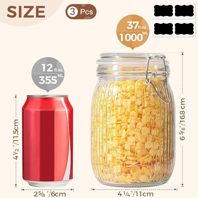 ComSaf Airtight Glass jar with lid 37oz Set of 3, Glass Storage Containers with - Image 2