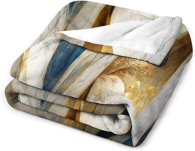 Abstract Marble Blanket, Modern Luxury Baroque Golden Blue White Stone Veins Pattern Soft Warm Cozy Plush Flannel Covers for Livingroom Bedroom Couch Chair Camping Travel Home Decor Tapestry 40x50in