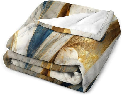 Abstract Marble Blanket, Modern Luxury Baroque Golden Blue White Stone Veins Pattern Soft Warm Cozy Plush Flannel Covers for Livingroom Bedroom Couch Chair Camping Travel Home Decor Tapestry 40x50in