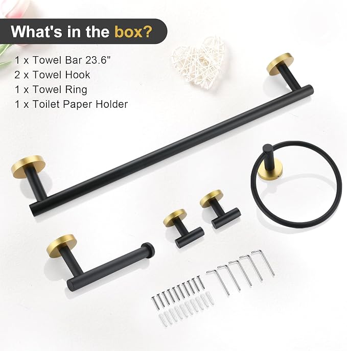 TQKAG Black and Gold Bathroom Accessory Set 5 Pieces, Round Stainless Steel - Image 8