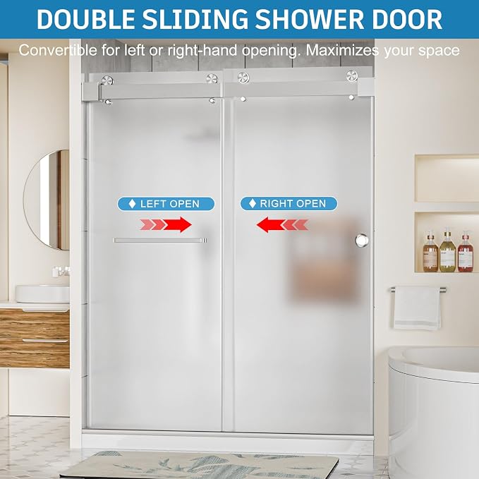 Frameless Shower Door, 56-60" W x 78" H 3/8" Thick Tempered Frosted Glass - Image 2