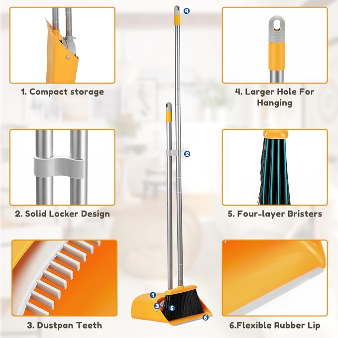 Broom and Dustpan Set with Long Handle 52", Standing Broom and Dust Pan Set - Image 2