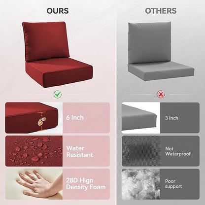 Luxury 6" Outdoor Cushions for Patio Furniture, 24x24x6" Thick Seat Cushion Set of 10, Fade Resistant Couch Chair Replacement Cushions High Density Deep Wicker Chair Cushion w/ Removable Cover, Red