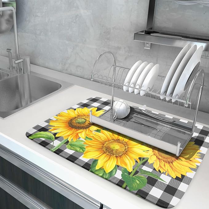 Sunflower Dish Drying Mat for Kitchen Counter Black White Buffalo Plaid - Image 5