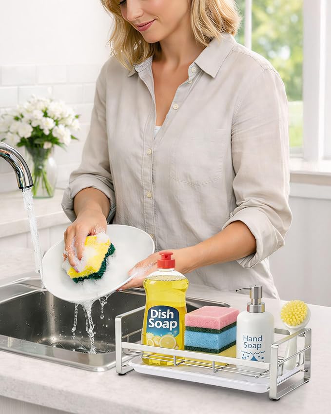 HULISEN Large Sponge Holder, 304 Stainless Steel Kitchen Soap Dispenser Caddy - Image 3
