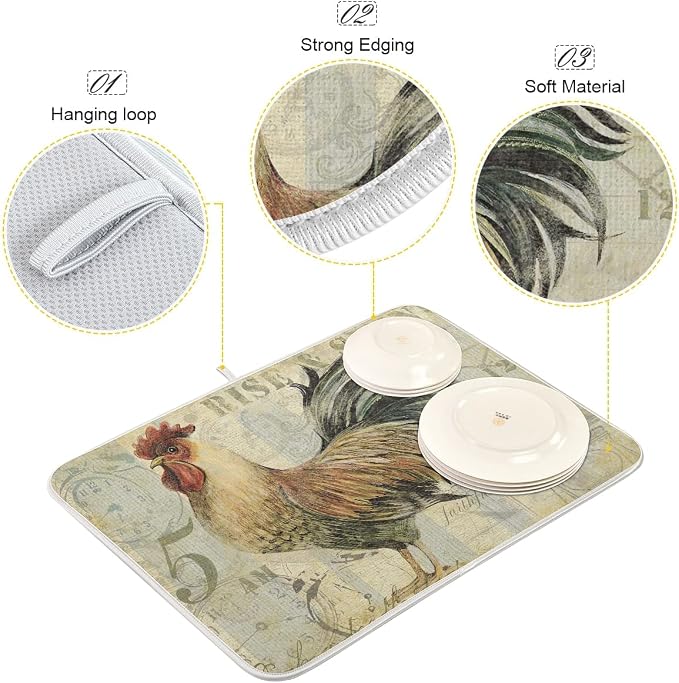 Farmhouse Rooster Dish Drying Mat 16 x 18 Inch - Image 3