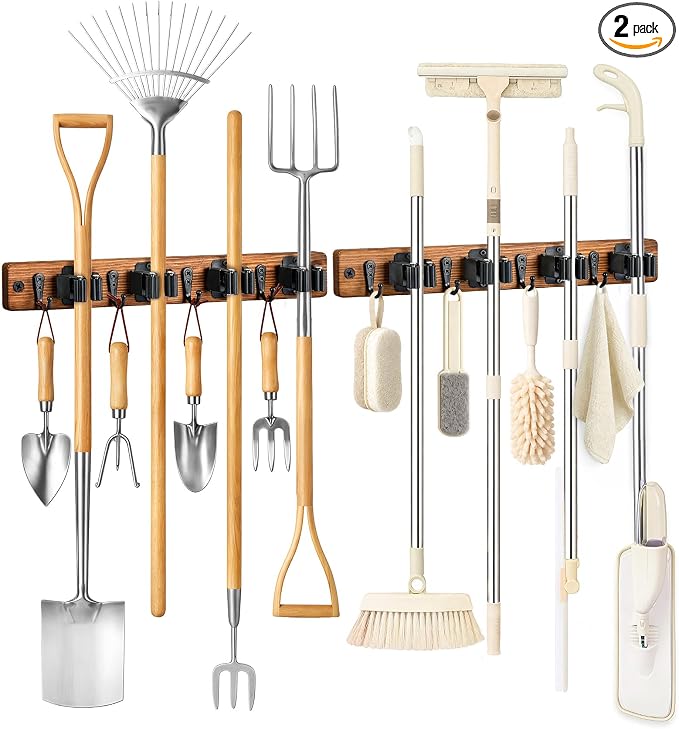 Lorbro 2 Pack Broom Holder Wall Mount, Wooden Broom and Mop Organizer Wall by Lorbro