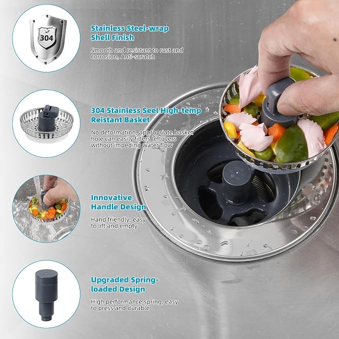 Hibbent 3 in 1 Kitchen Sink Drain Strainer, Stainless Steel Wrapped Shell Drain - Image 3