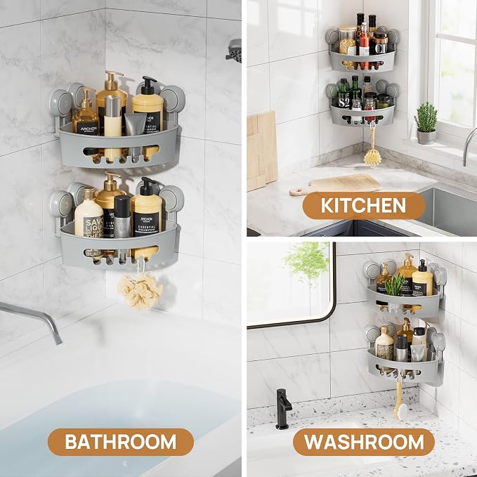 LEVERLOC Corner Shower Caddy Suction Cup, shower shelves suction cup, 2 Pack - Image 6
