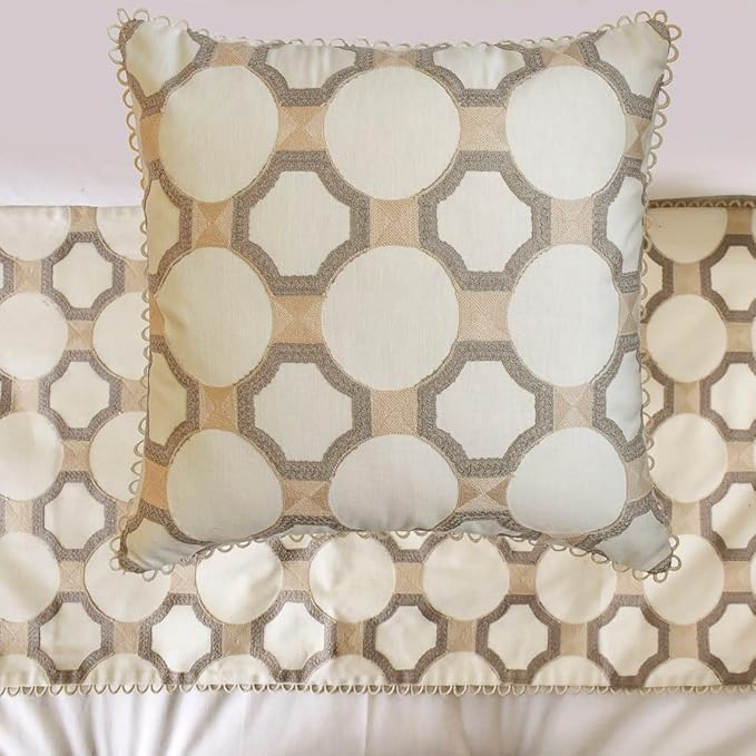 The HomeCentric King/Queen/Twin White, Beige & Grey Decorative Full 68"x18" Bed Runner with Two Pillow Cover, Embroidered, Bouclet & Lace Bed Scarf on Cotton Fabric - Threaded Geometry