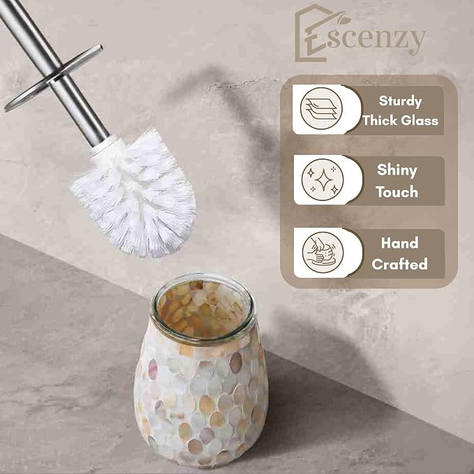 Escenzy Modern Toilet Brush and Holder Set | Natural Shell Mosaic Glass | - Image 4