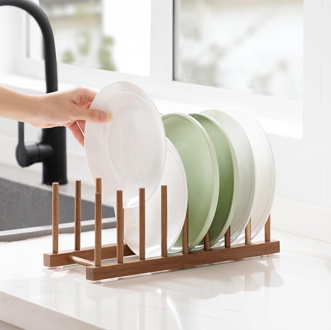 HBlife 4pcs Acacia Wooden Dish Dying Rack Pot Lid Plate Organizer Holder - Image 6