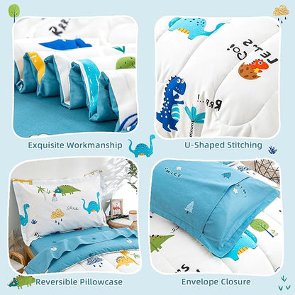 DJY Cotton Toddler Bedding Set for Boys Girls, 4 Pieces Dinosaur Toddler Bed Comforter Set, Includes Quilted Comforter, Flat Sheet, Fitted Sheet and Pillowcase