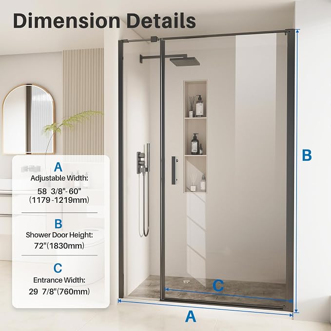 Bathbliss Framed Pivot Shower Door, Glass Shower Door in Matte Black, 58.5" to - Image 2
