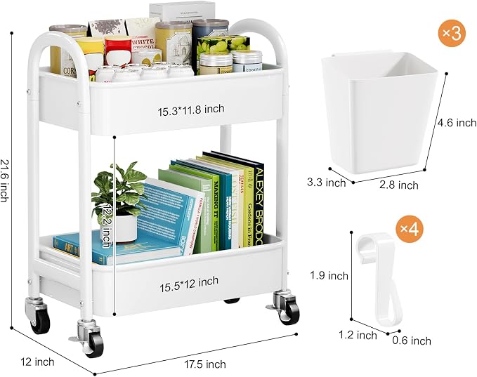 2 Tier Rolling Cart Metal with Wheels, Two Tiered Short Shelf Trolley, Small - Image 6