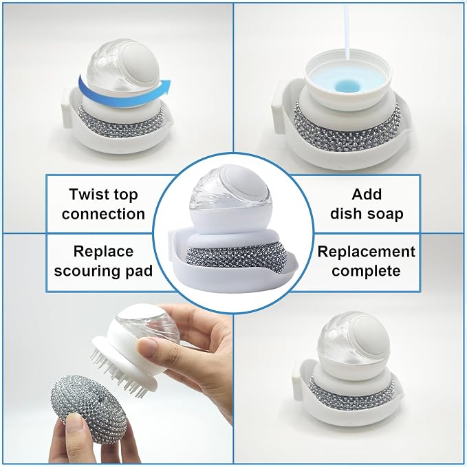 Dish Brush with Soap Dispenser, Steel Wool Scrubber with Replaceable Steel Wool - Image 5