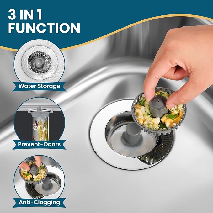 3-in-1 Kitchen Sink Strainer & Stopper, Stainless Steel Finish Pop Up Drain - Image 4