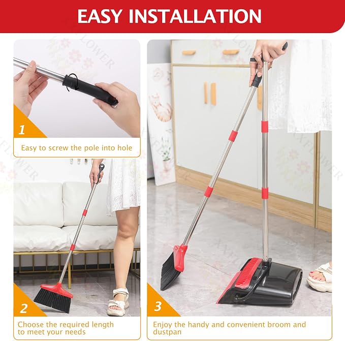 Broom and Dustpan Set with Long Handle, Light Weight Stainless Steel Poles - Image 7